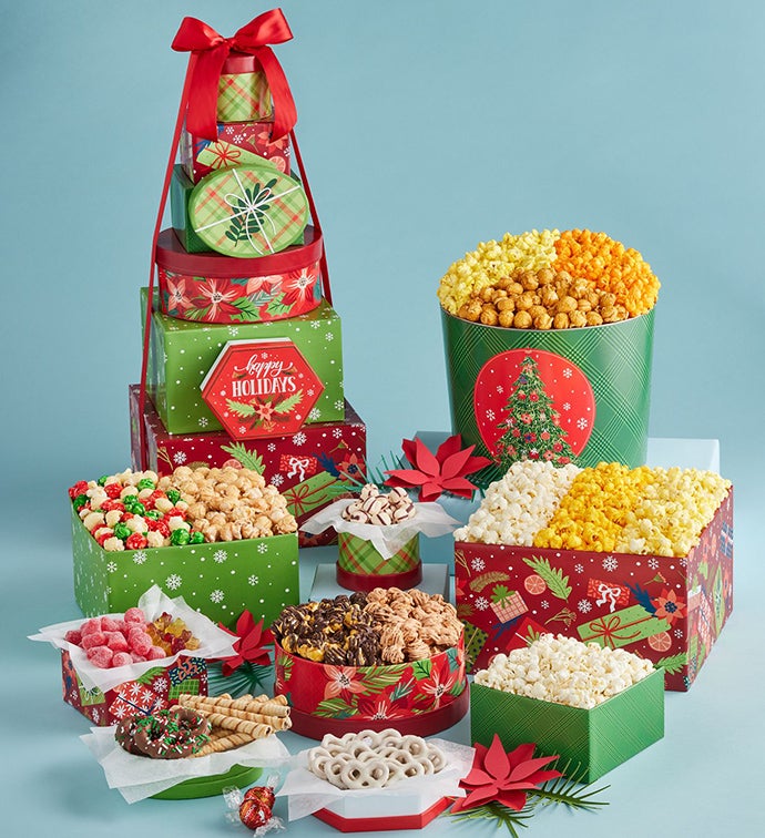 Holiday Cheer 8 Box Gift Tower and 2 Gallon Popcorn Tin